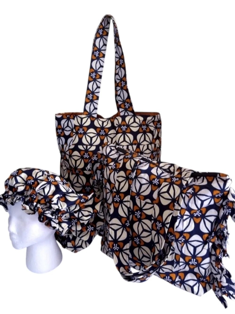 Patterned Black & Cream Tote Bag with Matching Accessories